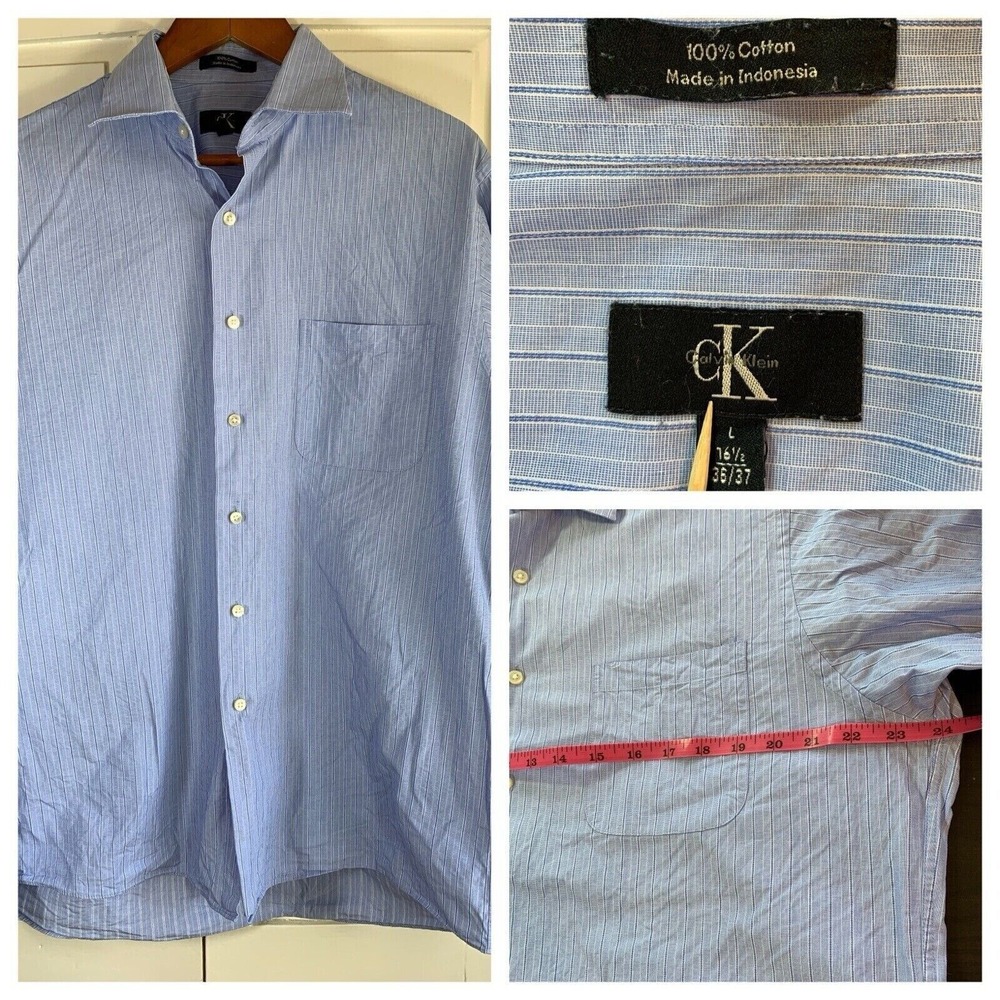 Calvin Klein Shirt Mens Large 16.5 36/37 Blue Preppy Easter Office Business